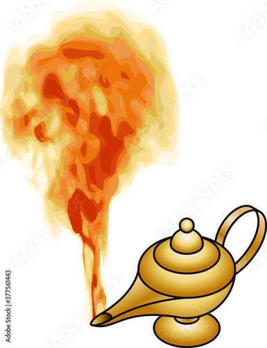 An old brass genie oil lamp with smoke coming out of it.