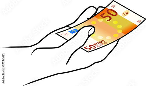 Hand holding a stylized Euro bank note.