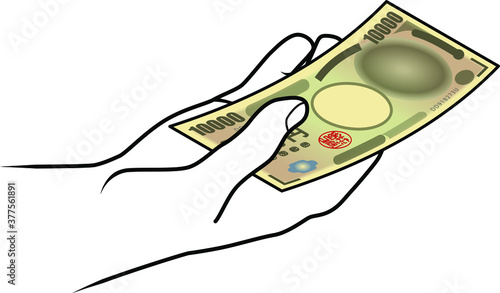 Hand holding a stylized Japanese Yen bank note.