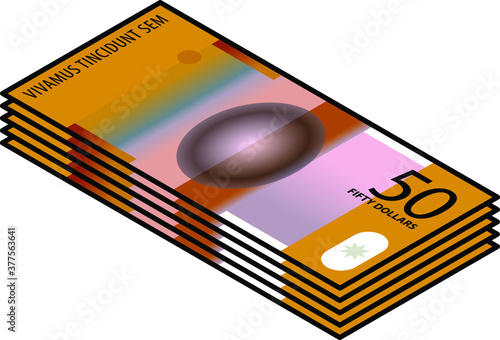 A colourful bundle of $50 bank note / paper / polymer money. In a simple icon style. Isometric projection. Australia AUD.