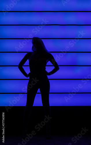 Club style photo of girl in a black corset and jeans. Set is a lit with a blue color. Picture has dark tone. Wall of neon has blue color.