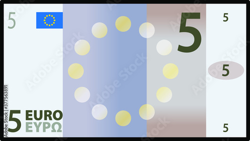 A stylized iconic colourful 5 Euro bank note / paper money. Europe EUR.