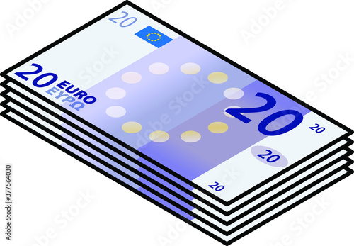 A bundle of stylized iconic colourful 20 Euro bank notes / paper money. Europe EUR.