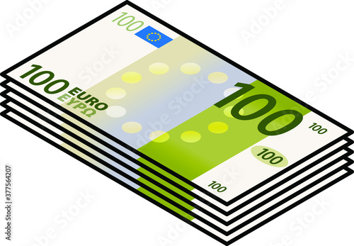 A bundle of stylized iconic colourful 100 Euro bank notes / paper money. Europe EUR.
