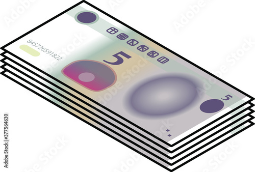 A bundle of stylized iconic 5 yuan Chinese renminbi RMB bank notes / paper money. China CNY.