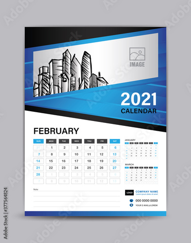 Wall calendar template for 2021 year. February month layout. Desk calendar template with illustration of buildings, Planner, Can place pictures and other images instead. Blue abstract background