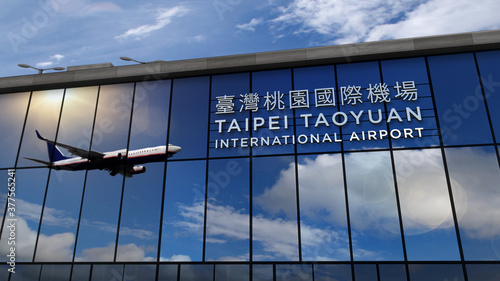 Airplane landing at Taipei Taoyuan Taiwan airport mirrored in terminal photo