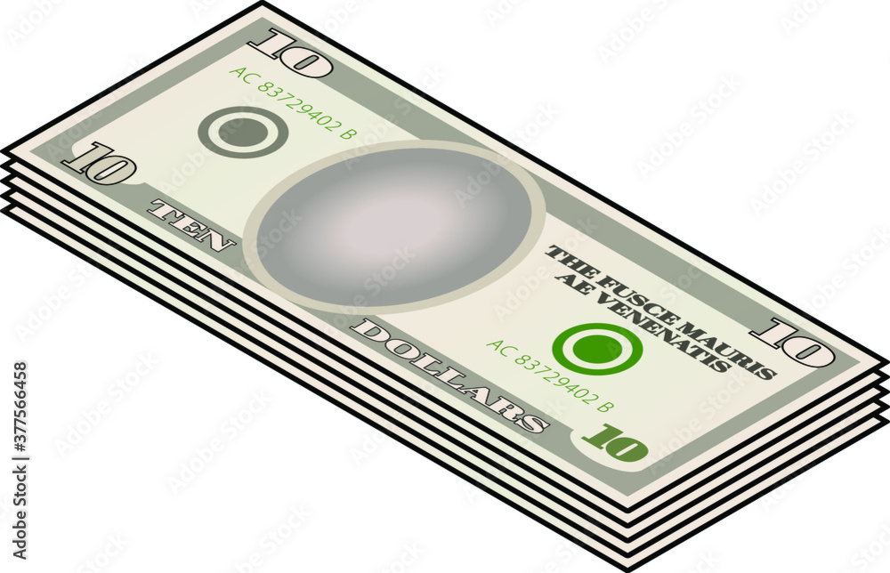 Fototapeta premium A bundle of stylized iconic $10 USD bank notes / paper money. USA USD.
