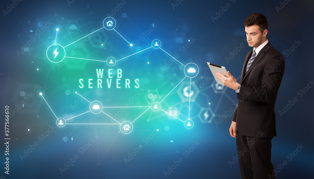 Businessman in front of cloud service icons with WEB SERVERS inscription, modern technology concept Businessman in front of cloud service icons with WEB SERVERS inscription, modern technology concept