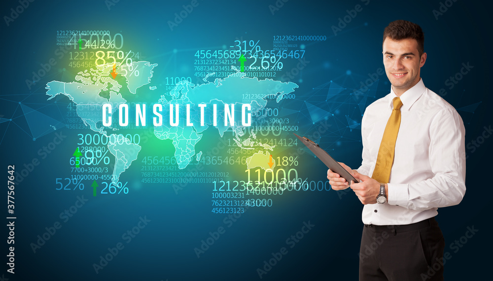 Businessman in front of a decision with CONSULTING inscription, business concept Businessman in front of a decision with CONSULTING inscription, business concept