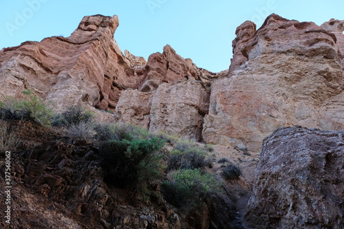 Stone ledges and rock in the Charyn canyon. Nature reserve