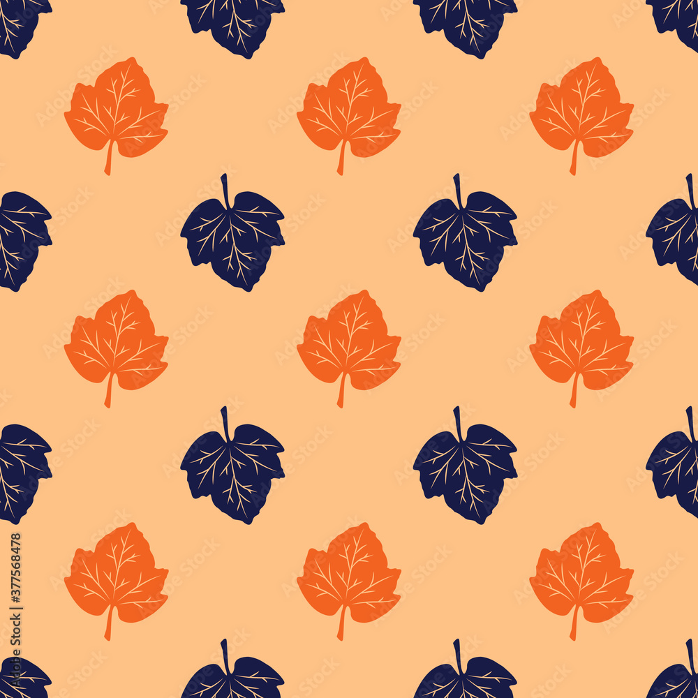 Seamless pattern of orange and navy blue leaves on a beige background. Autumn leaf fall. Vector illustration great for creative design. For decorating banners, cards, prints, textiles, fabric, crafts. Seamless pattern of orange and navy blue leaves on a beige background. Autumn leaf fall. Vector illustration great for creative design. For decorating banners, cards, prints, textiles, fabric, crafts.