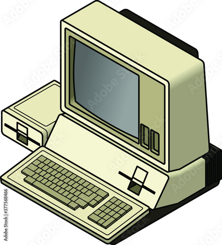 An old vintage/retro obsolete computer with a CRT monitor, internal and external disk drives.