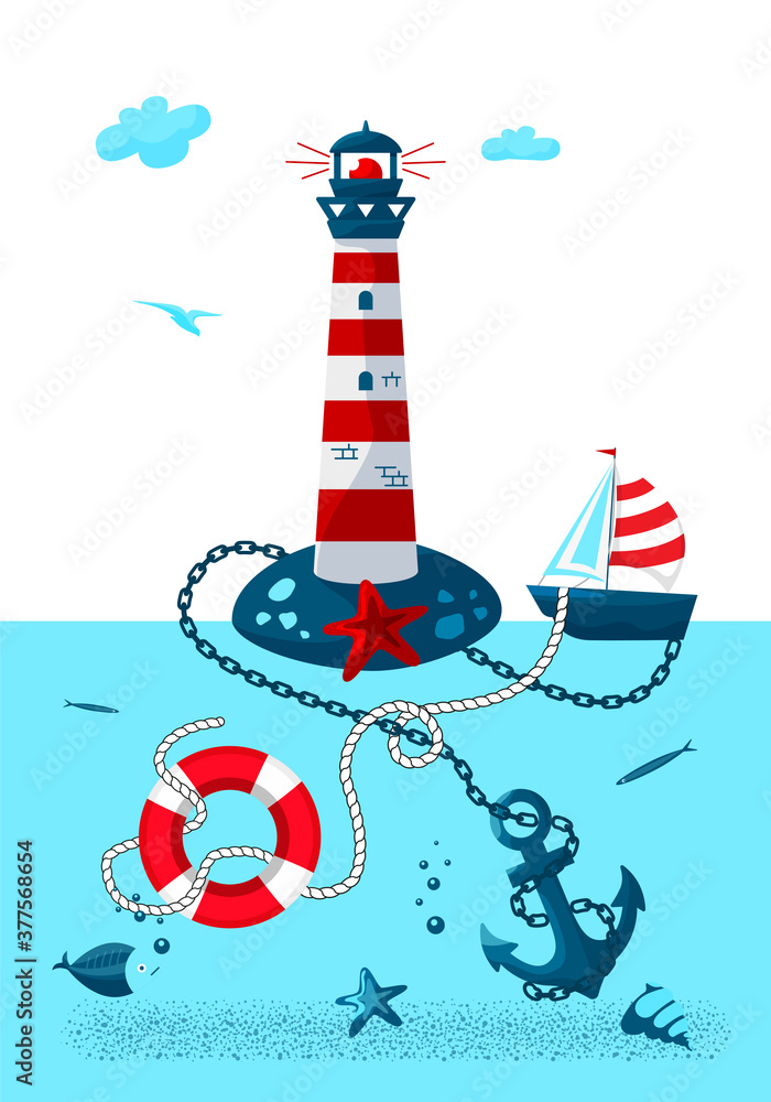 A lighthouse with a sailing boat and a lifeline. On the sea floor