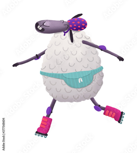 Roller skating sheep illustration isolated on white