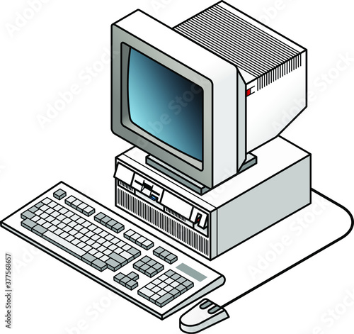 An old vintage/retro obsolete computer with an internal disk drive, hard drive, a CRT monitor on a tilt-and-swivel stand, external professional keyboard and mouse.