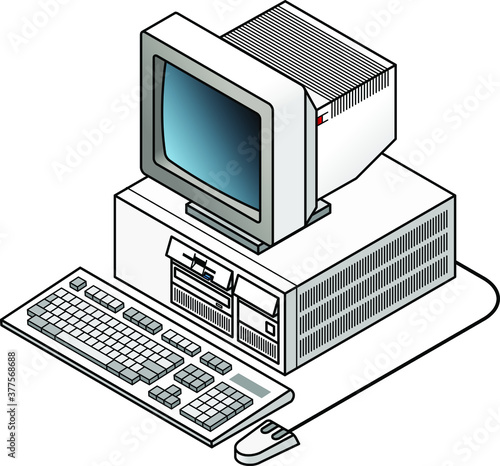 An old vintage/retro obsolete computer with an internal disk drive, hard drive, CD-ROM drive, a CRT monitor on a tilt-and-swivel stand, external professional keyboard and mouse.