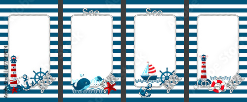Frame with a marine theme in the cartoon style. Template for poster design, invitation to a children's party, greeting card, photo frame. Isolated vector illustrations.