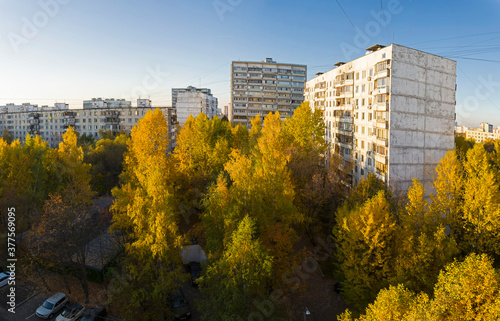 Golden autumn in a residential area of Moscow