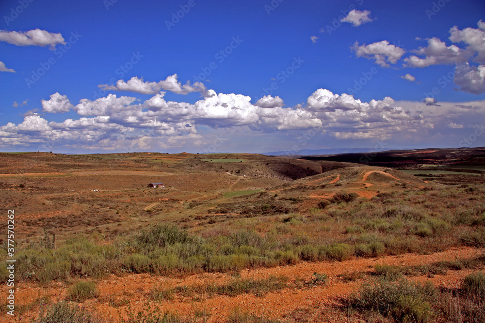 castilla landscape in spain near cuenca with wonderful sky with powerful clouds and desert terrain