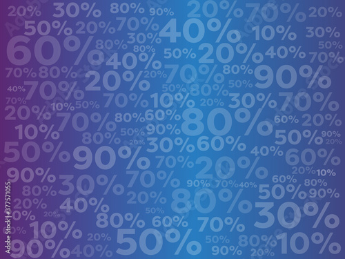 Percent background with small getter. Violet and blue Banner with percentage 10 20 30 40 50 60 70 80 90 for sales or promotion.