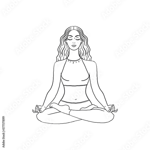 Young Beautiful meditating yogi woman in lotus pose isolated on white background. Black and white linear illustration. Vector stock illustration.