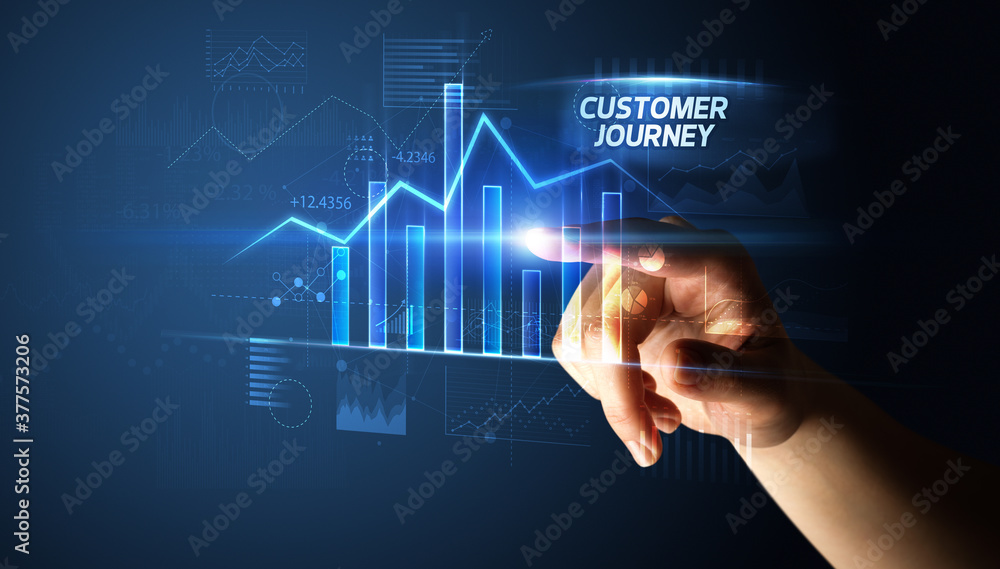 Hand touching CUSTOMER JOURNEY button, business concept Hand touching CUSTOMER JOURNEY button, business concept