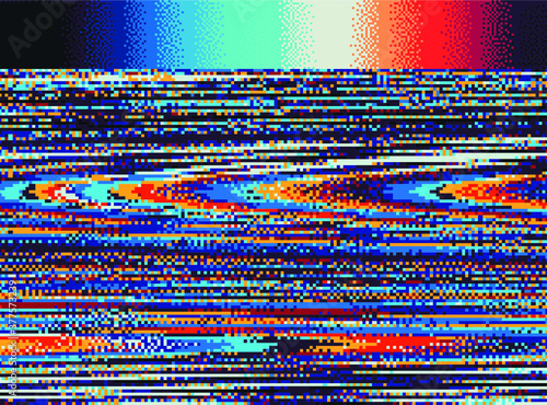 Abstract geometric background with glitched pixels. Computer screen with VHS noise effect.