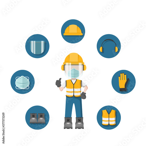 Design of person with his personal protective equipment and face mask and industrial safety icons