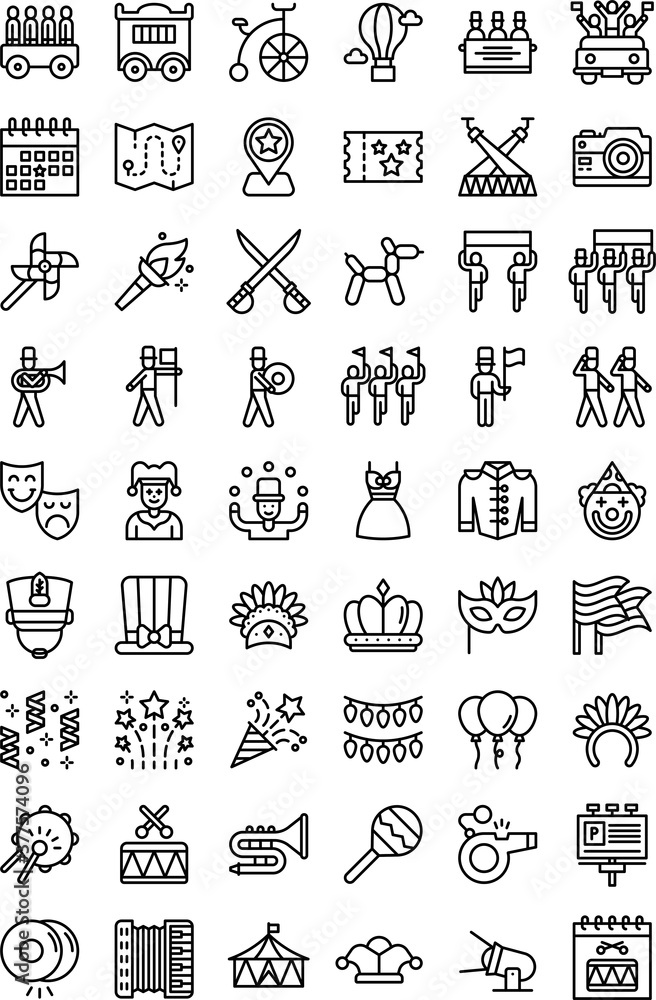 parade related map, location, magic hat, drumsticks, trumpet, joker, tickets, swords, face masks, dresses, confetti, balloons, camera, calendar, soldiers, carriage and flag vector in lineal style, parade related map, location, magic hat, drumsticks, trumpet, joker, tickets, swords, face masks, dresses, confetti, balloons, camera, calendar, soldiers, carriage and flag vector in lineal style,