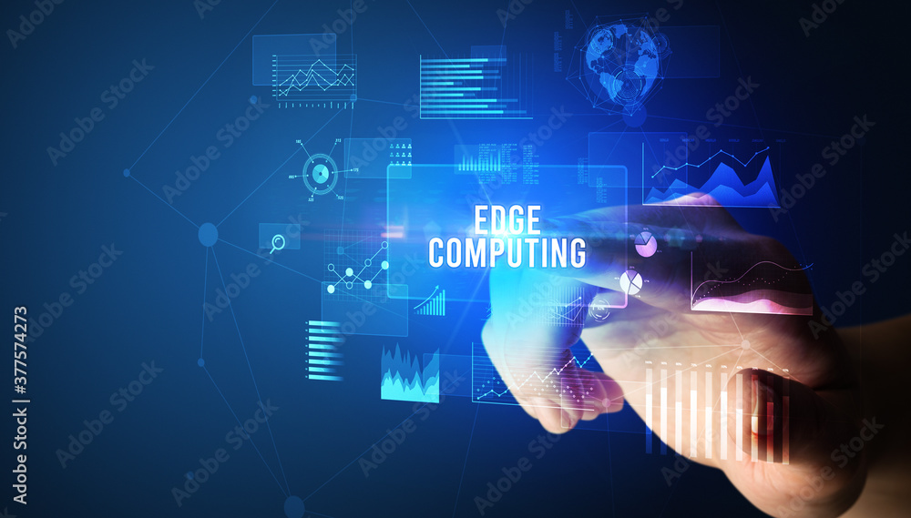 Hand touching EDGE COMPUTING inscription, new business technology concept Hand touching EDGE COMPUTING inscription, new business technology concept