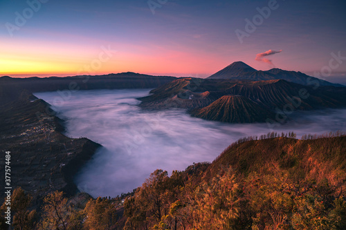 Beautiful landscape of Mount Bromo during sunrise in Bromo Tengger Semeru National Park, East Java, Indonesia