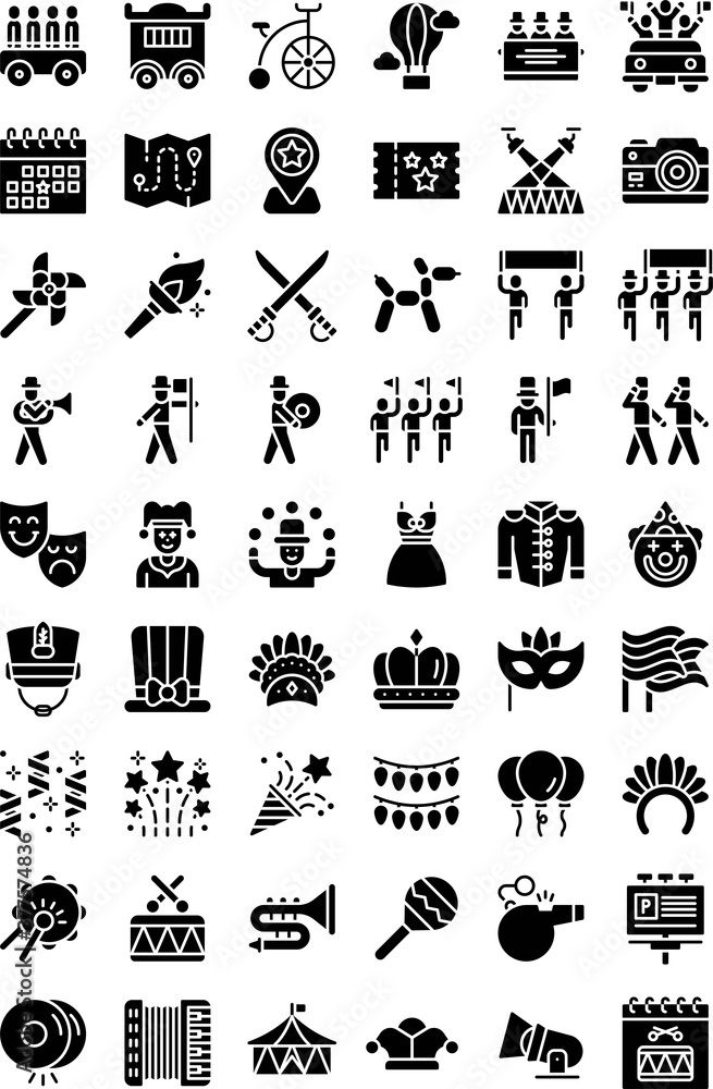 parade related map, location, magic hat, drumsticks, trumpet, joker, tickets, swords, face masks, dresses, confetti, balloons, camera, calendar, soldiers, carriage and flag vector in solid design,