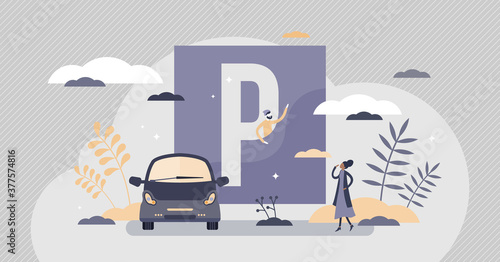 Parking lot as urban street traffic sign for vehicle tiny persons concept