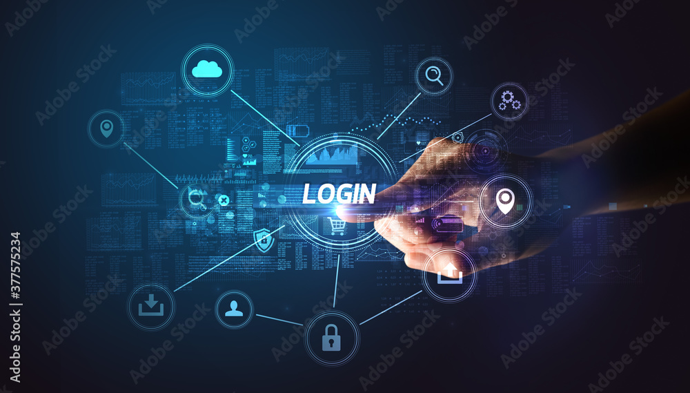 Hand touching LOGIN inscription, Cybersecurity concept Hand touching LOGIN inscription, Cybersecurity concept