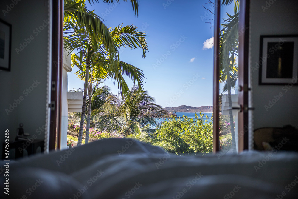 Island, beach, morning bed, window, palm tree, bedroom, open door