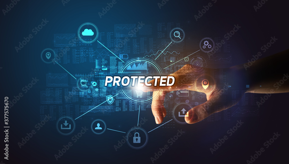 Hand touching PROTECTED inscription, Cybersecurity concept