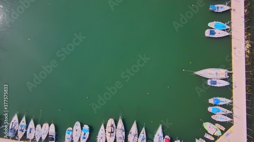 Drone shot over a marina in Thessaloniki, Greece during summer