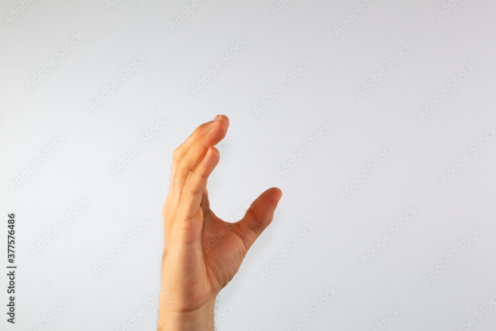 close up of a man's hand communicating with sign language, letters of the alphabet, on a white background