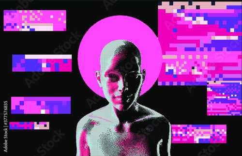 Artificial human with halo in fluorescent ultraviolet light. Pixel art illustration.