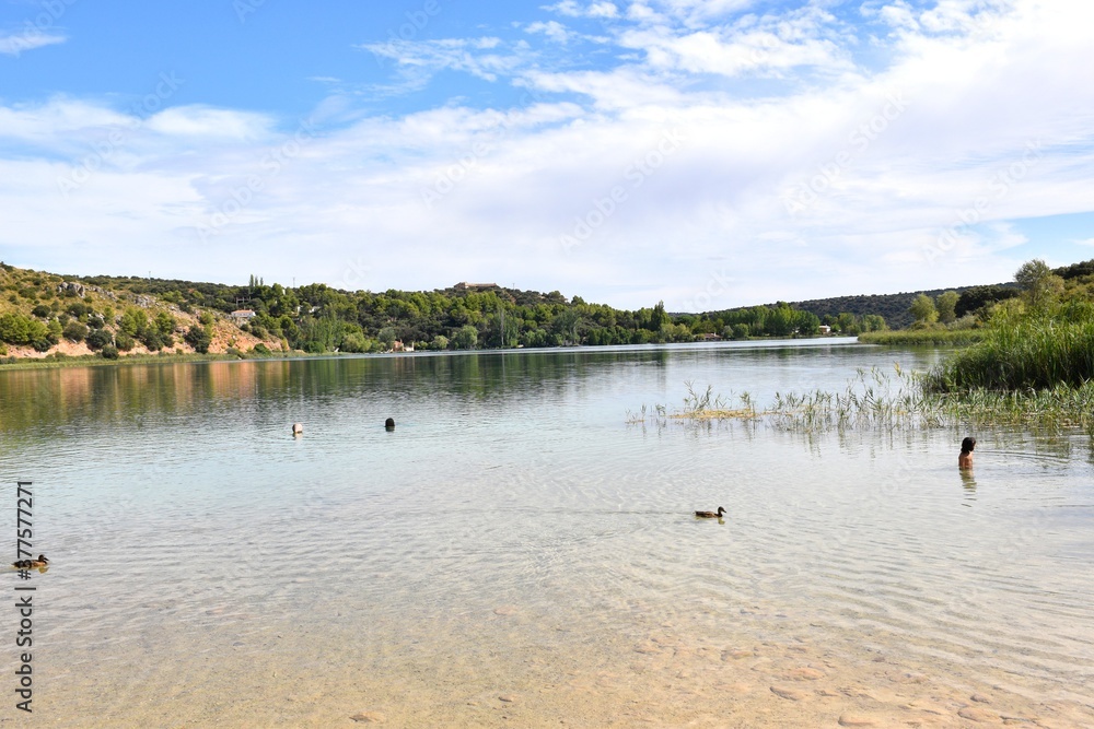 Ruidera lagoons with ducks and people bathing. Ruidera lagoons with ducks and people bathing.