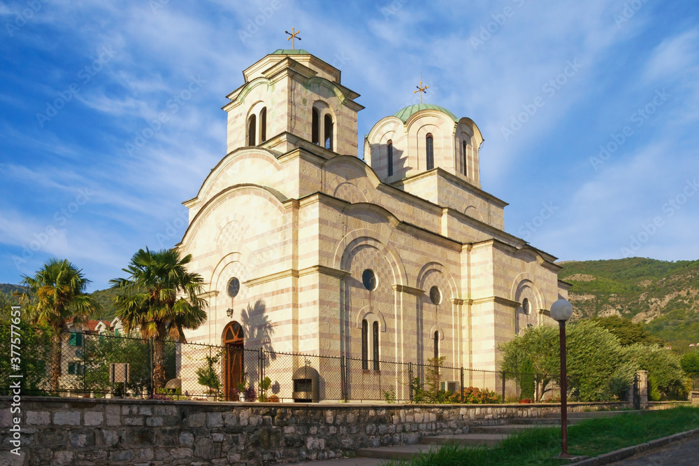 Religious architecture. Montenegro, Tivat city. View of Orthodox Church of Saint Sava on sunny autumn day