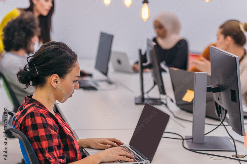 Fototapeta premium Concentrated businesswoman sitting in an office and working on her laptop