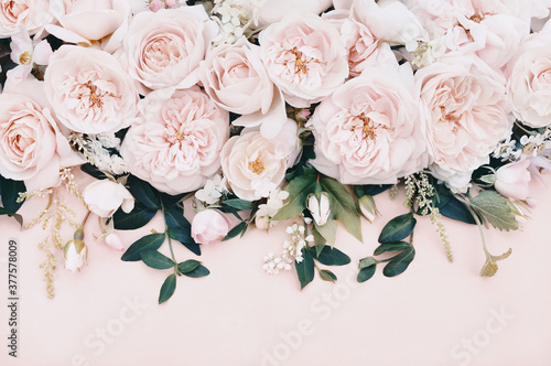 Fototapeta Naklejka Na Ścianę i Meble -  Delicate blossoming rose flowers, blooming pastel festive frame background, soft pink bouquet floral card, toned	