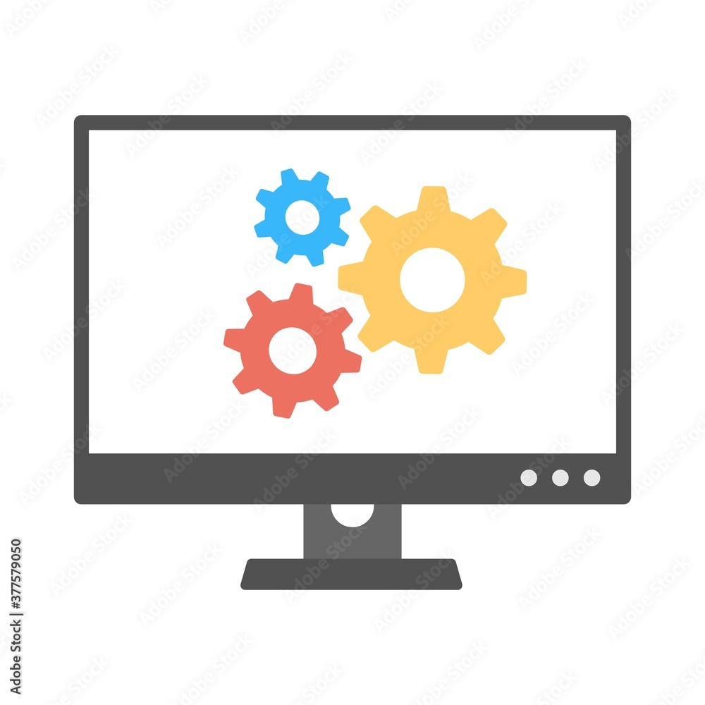 Computer with gears icon illustration in flat design style. PC settings symbol. Computer with gears icon illustration in flat design style. PC settings symbol.