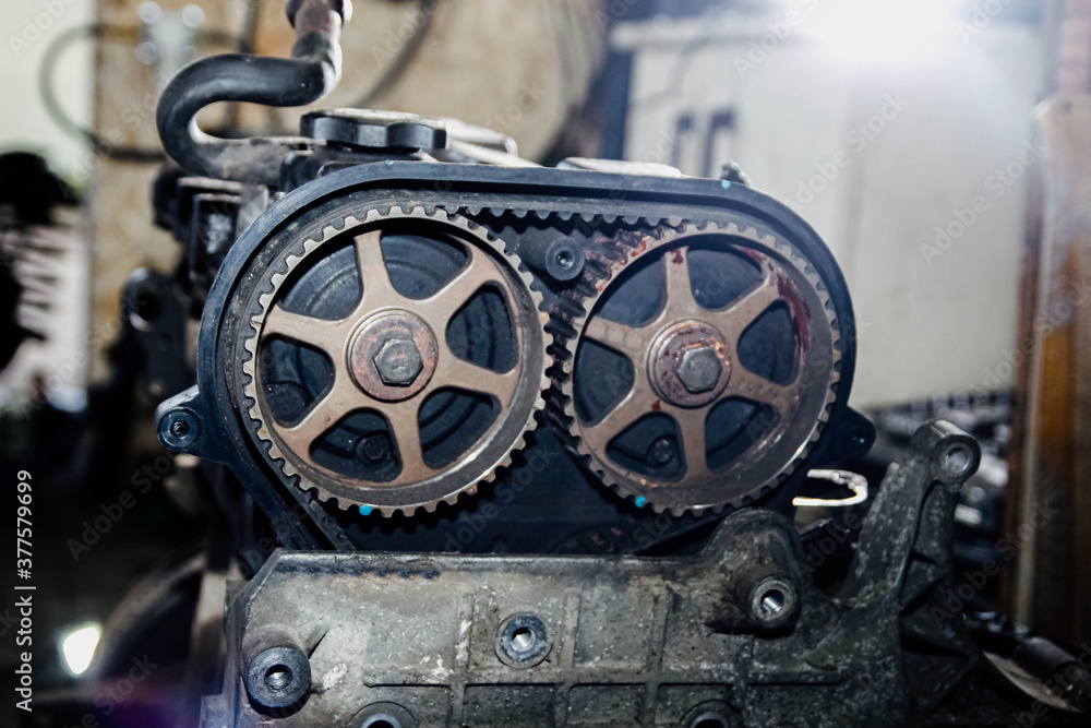 two camshaft gears and a timing belt on an old engine.