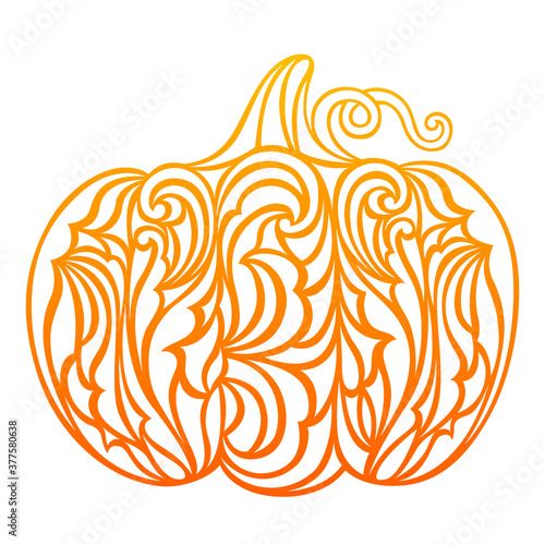 Decorative vector orange pumpkin. Thanksgiving day. Halloween decor. Illustration. Autumn symbol. Lace element for design. Festive postcard. Cute cartoon design. Isolated on a white background.