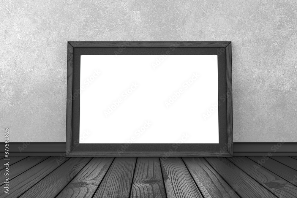 Mock up of empty picture frame wooden in black stucco  concrete room interior