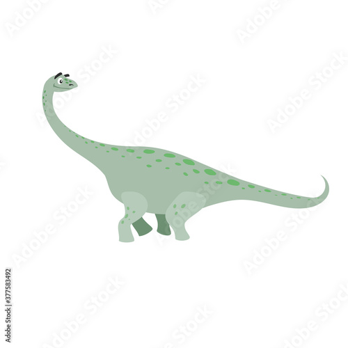 Cartoon brontosaurus dinosaur. Diplodocus. The highest dino in comic style.  Best for kids dino party designs. Prehistoric Jurassic period character. Vector illustration isolated on white.