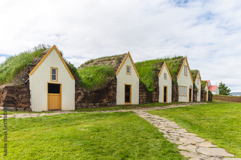 small houses with super green grass covering them in summer